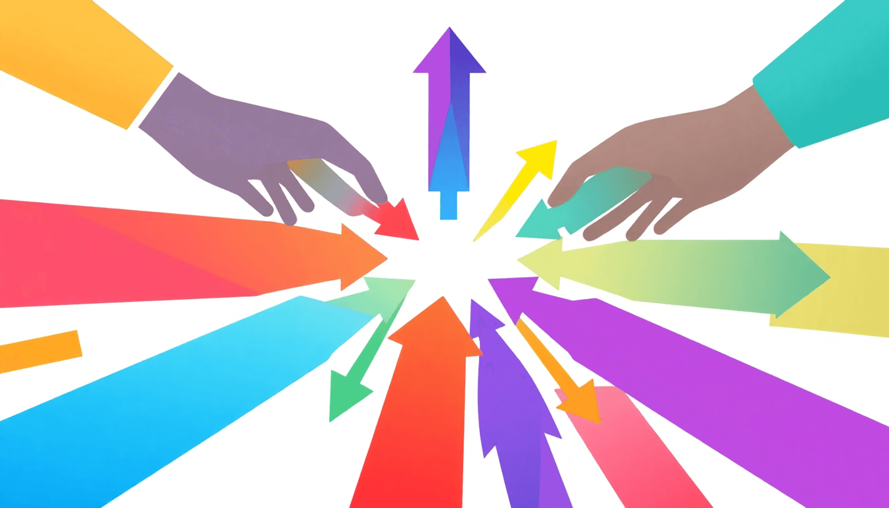 Abstract illustration of colorful geometric shapes and arrows converging, symbolizing unity and innovation in business procurement on a bright back...