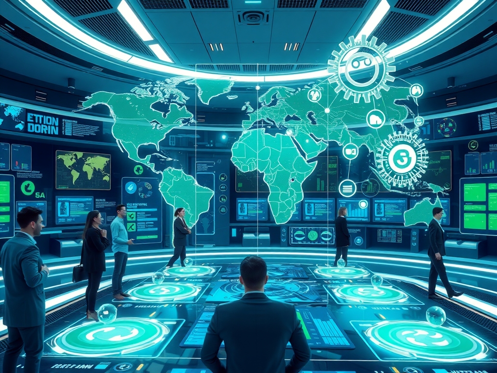 Futuristic, sleek supply chain control center with interconnected global map overlays showing supply routes and data streams, holographic blockchain and AI analytics floating above diverse, collaborative business professionals, symbols of ethical sourcing, sustainability icons, geopolitical risk indicators, synergy and partnership concepts visualized as glowing interconnected gears in a clean high-tech environment.