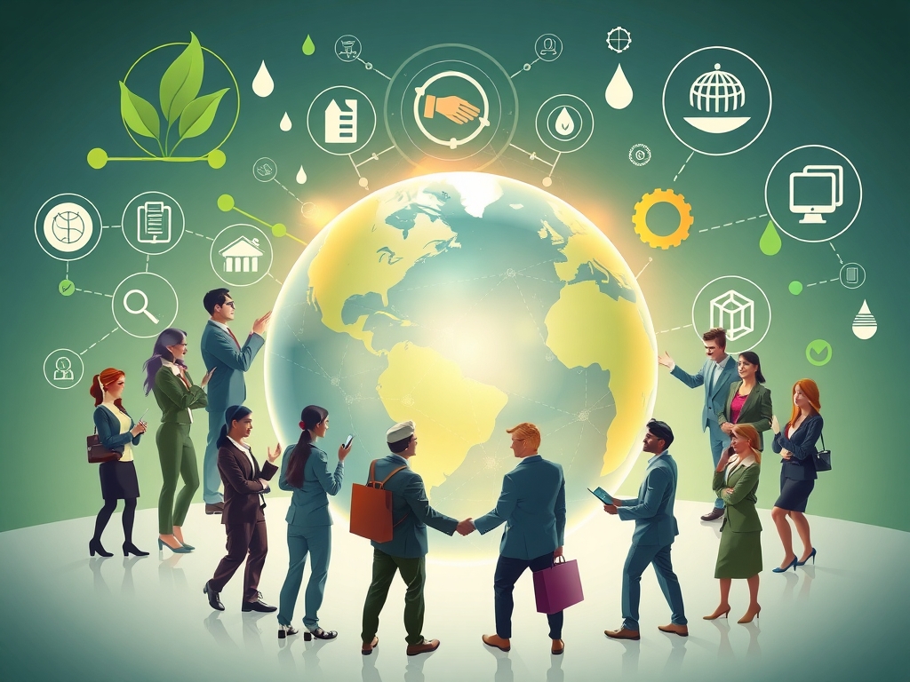 A diverse group of professionals from business, government, NGOs, and academia collaborating around a glowing globe symbolizing global supply chains with icons of technology, sustainability, ethics, and traceability in a modern, optimistic style.