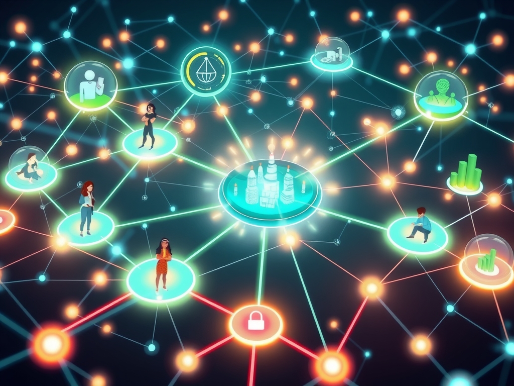 A futuristic diverse business ecosystem interconnected by glowing digital networks, visually representing inclusive supplier diversity and collaborative synergy; dynamic supply chain nodes featuring diverse businesspeople icons (women, minorities, veterans, neurodiverse individuals) engaged in partnership and innovation, surrounded by AI-driven analytics and IoT elements symbolizing digital transformation; overlay of sustainable green energy motifs and abstract ESG symbols; vibrant, optimistic color palette emphasizing resilience, equity, technology, and growth; sleek modern style with clean lines and a sense of forward-looking transformation and interconnectedness.