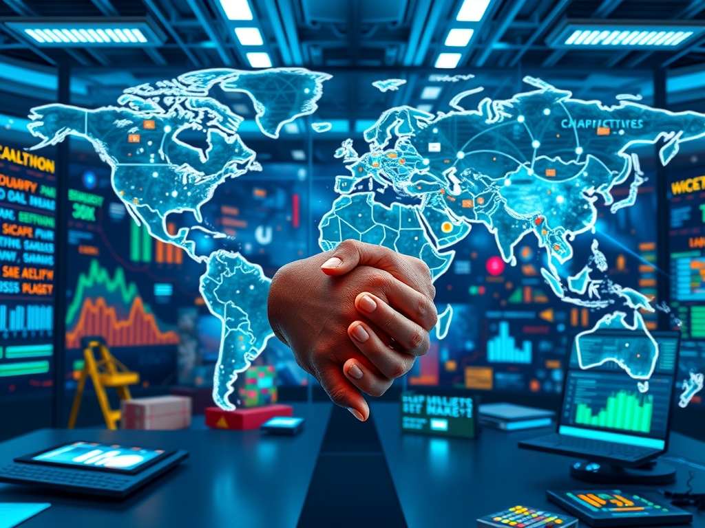 A futuristic global supply chain control room with transparent digital maps displaying real-time geopolitical data and diverse supplier networks spanning emerging market regions.