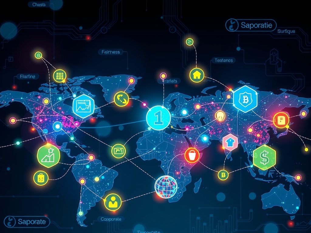 A futuristic, vibrant supply chain network symbolizing global hyperconnectivity, featuring diverse, cooperative suppliers linked by glowing digital threads and blockchain nodes, highlighting transparency, ethical collaboration, sustainability, AI analytics, and green technology, with symbolic icons of fairness, eco-consciousness, and innovation, set against a dynamic world map background with subtle corporate and technological motifs, conveying resilience, trust, and cutting-edge ethical supply synergy.
