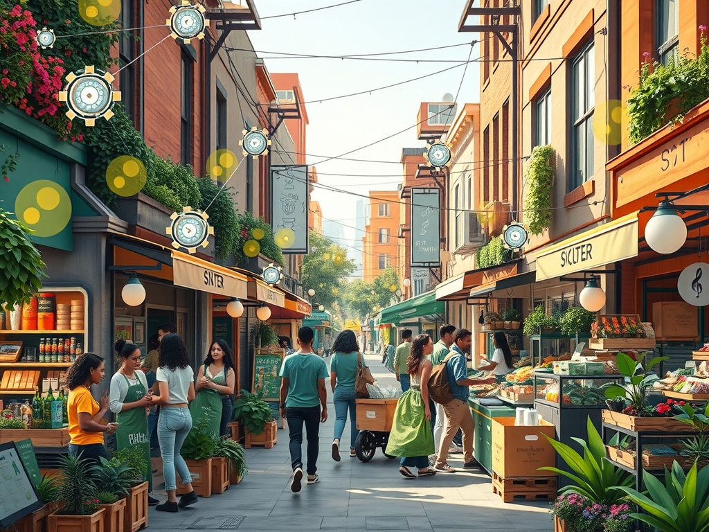 A vibrant, dynamic urban neighborhood marketplace scene illustrating interconnected diverse small local vendors—women-owned, minority-owned, micro-entrepreneurs—collaborating harmoniously around shared digital tools and eco-friendly supply chain elements with symbolic network nodes and gear motifs emphasizing synergy and growth under warm natural lighting.