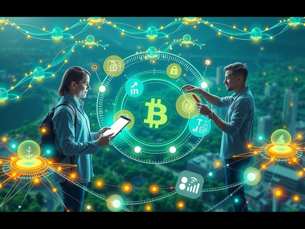 Ultra-detailed futuristic supply chain concept art showing diverse professional collaborators exchanging transparent digital data streams and blockchain symbols over a dynamic circular economy network with glowing interconnected pathways and modular eco-friendly product parts.