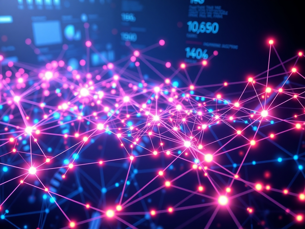 A futuristic, dynamic supply chain network depicted as an intricate, glowing digital web or neural network composed of diverse interconnected nodes symbolizing suppliers of various backgrounds, seamlessly synchronized in perfect harmony with adaptive, chameleon-like shifts and an abstract conductor figure representing synchronization in a high-tech, data-driven ambiance.