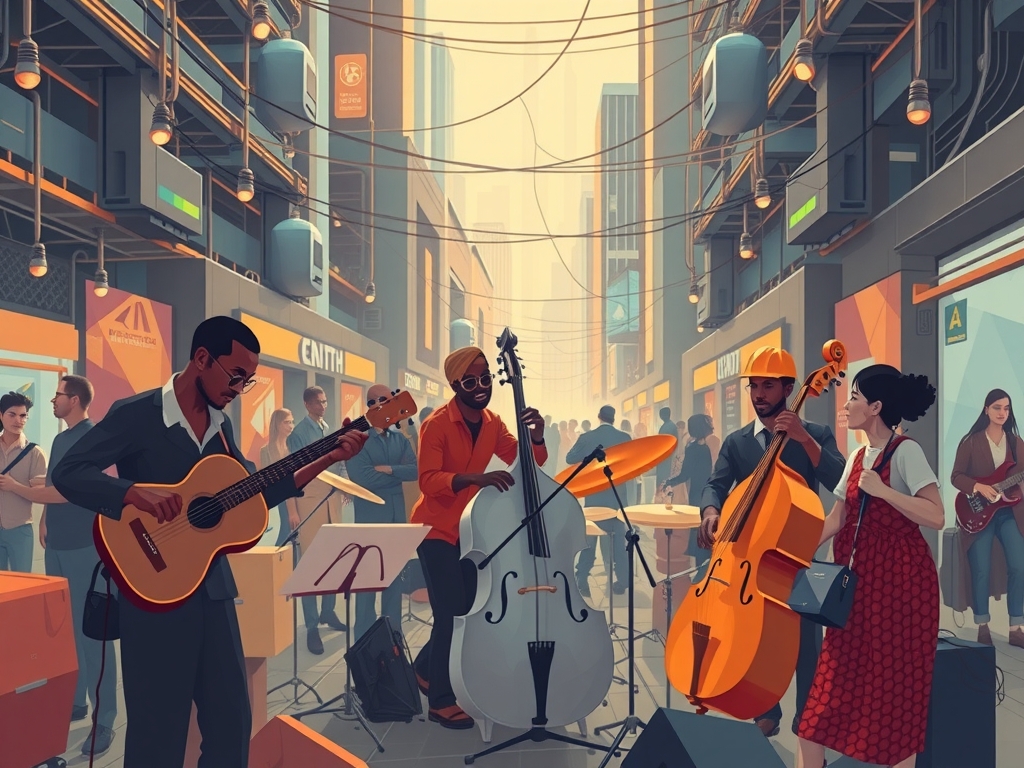 A dynamic, interconnected network of diverse suppliers and community members collaborating in a vibrant urban setting, depicted as an abstract, flowing jazz ensemble symbolizing adaptive coordination and cultural harmony, with subtle ethnographic elements like storytelling visuals, data flows, and eco-friendly motifs blending technology and tradition, bright warm colors evoking trust, innovation, and resilience, futuristic yet human-centered atmosphere, intricate layers representing real-time communication and co-creation