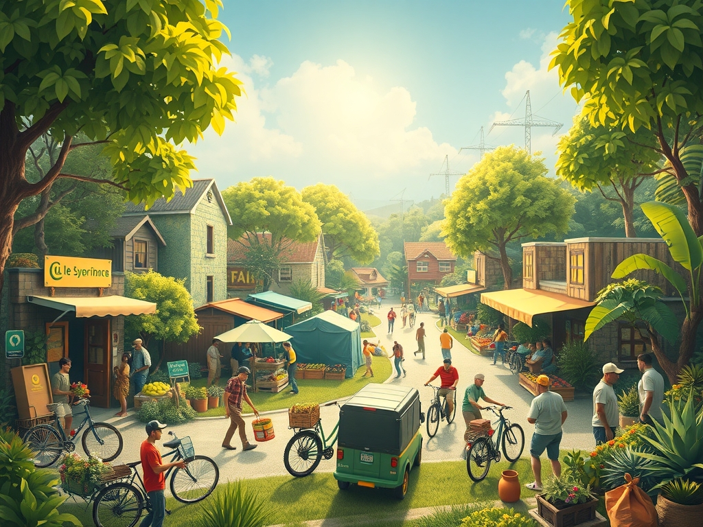 A vibrant, detailed scene of a hyperlocal supplier micro-network in action: diverse local farmers, artisans, and couriers collaborating within a lush, green community setting surrounded by small shops and eco-friendly delivery vehicles like electric bikes; elements symbolizing ethics and sustainability such as fair trade signs, renewable energy sources, and digital real-time data interfaces subtly integrated; the atmosphere radiates resilience, adaptability, and interconnectedness under a bright sky, reflecting community empowerment and environmental stewardship.