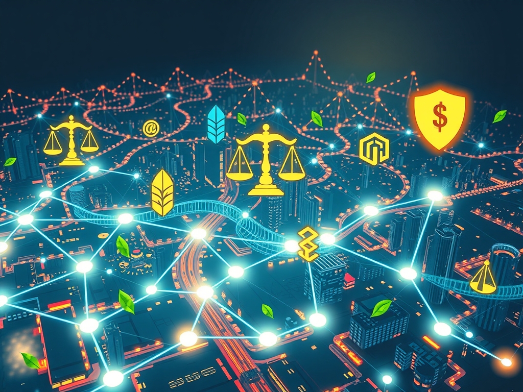 Futuristic supply chain concept art showcasing interconnected local suppliers with glowing supply routes, ethical symbols, resilient elements, and innovative technology motifs overlaying a vibrant cityscape.