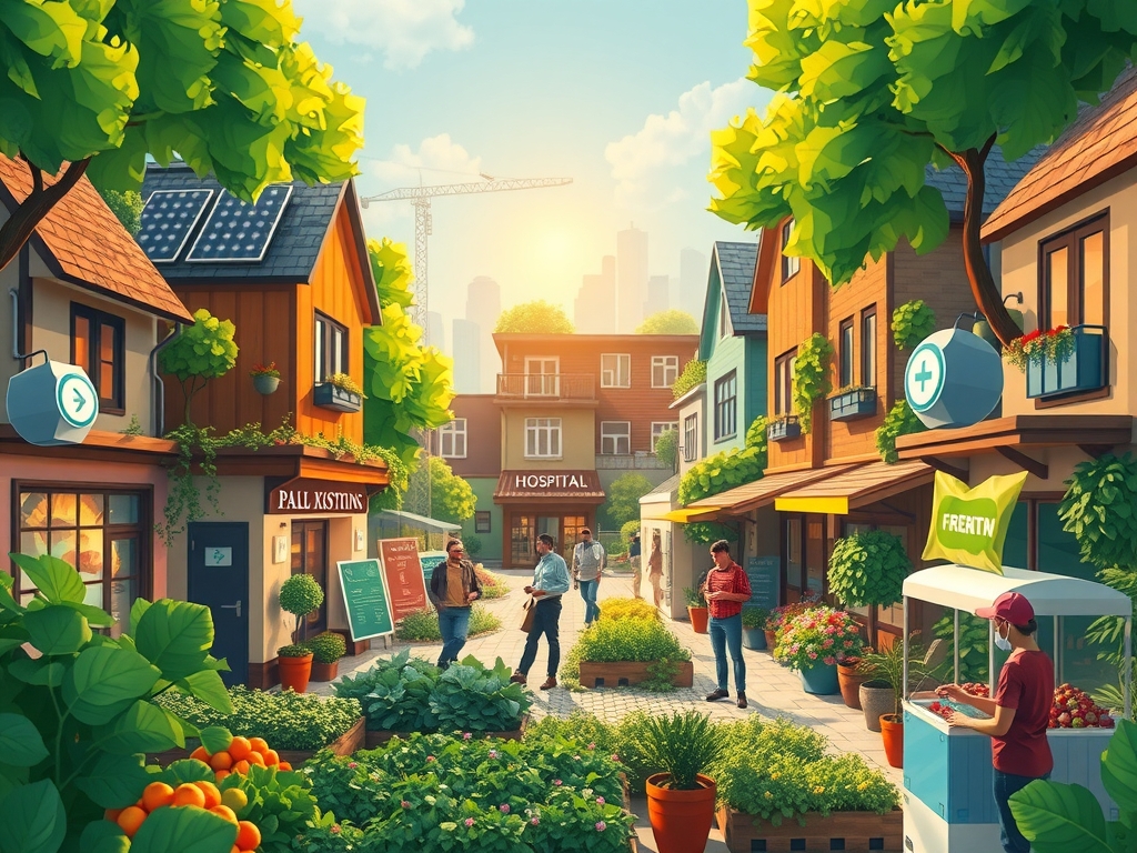 A vibrant community neighborhood showing diverse small local businesses and micro-enterprises collaborating, fresh produce markets, community gardens near a hospital, digital hubs, sustainability symbols, and warm sunlight creating an ethical and hopeful atmosphere.