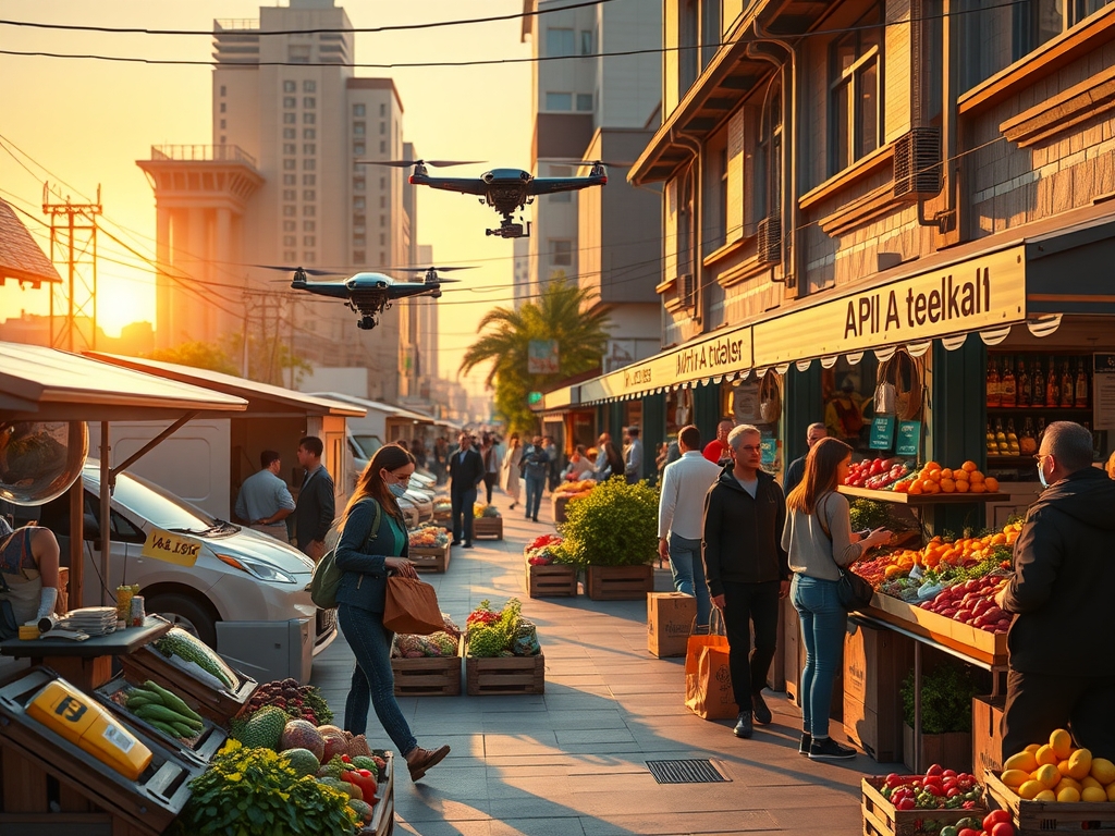 A vibrant, futuristic urban neighborhood market scene at golden hour, showcasing diverse local suppliers with fresh produce, tech-integrated micro-fulfillment hubs and delivery drones, interconnected by glowing digital data streams symbolizing AI and collaboration; community members and business partners exchanging goods and ideas in a harmonious, eco-friendly environment with greenery, solar panels, and subtle circular economy elements—conveying trust, empowerment, sustainability, and agile hyperlocal supply network synergy in a lively, optimistic setting.
