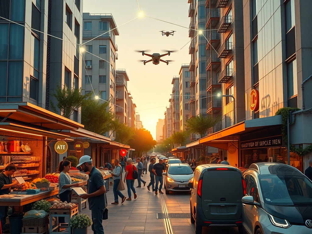 Futuristic vibrant city neighborhood marketplace at golden hour with diverse local vendors, supply chain collaborators exchanging goods and ideas outdoors, surrounded by dynamic digital holograms displaying AI-driven supply chain data and logistics routes, sleek electric delivery vehicles and drones in motion on urban streets, interconnected nodes symbolizing hyperlocal ecosystems glowing softly above neighborhood, collaborative atmosphere, greenery and sustainable smart infrastructure under bright warm lighting emphasizing innovation, speed, and local connection.