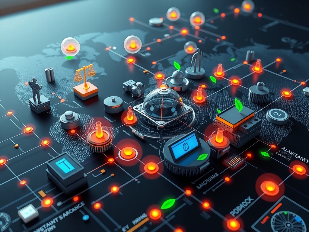 Futuristic supply chain concept art showing interconnected micro-network of diverse suppliers collaborating dynamically with glowing digital nodes representing AI and IoT integration alongside symbolic ethical icons and sleek high-tech dashboards.