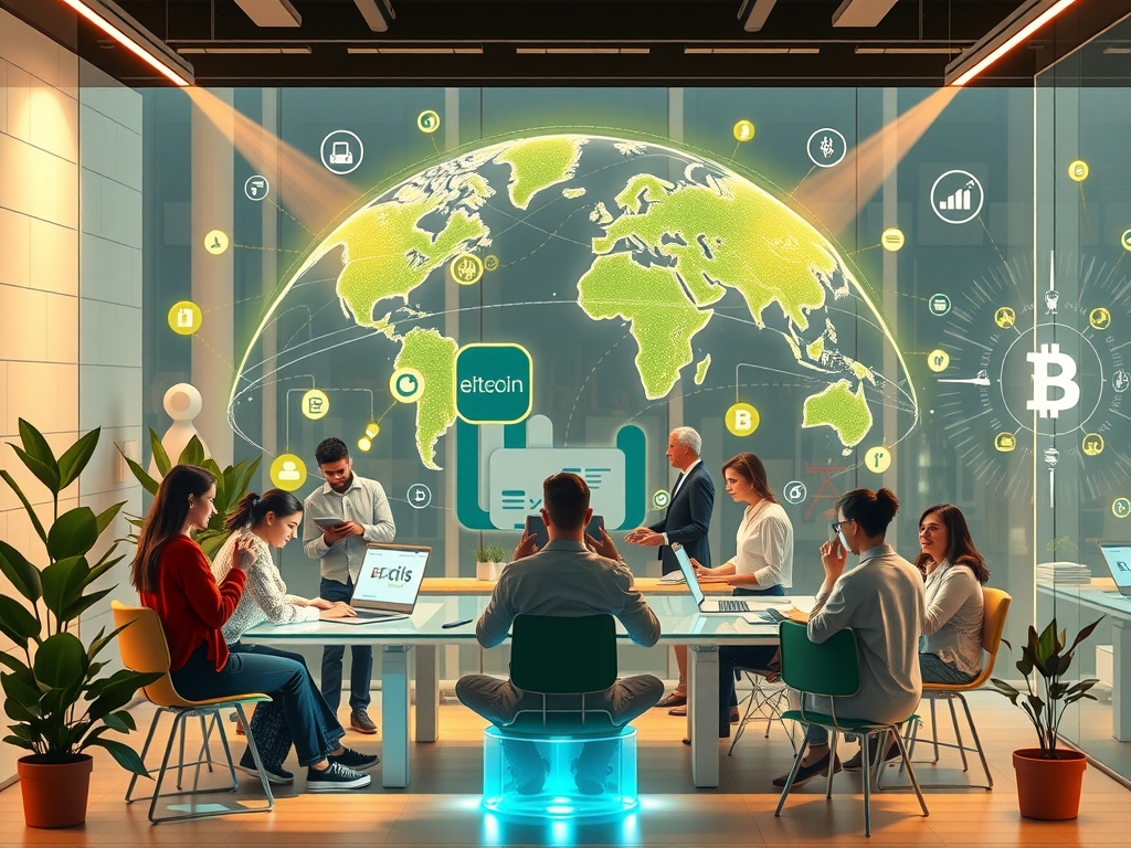 A vibrant, futuristic micro-enterprise workspace symbolizing ethical sourcing, innovation, and collaboration with diverse entrepreneurs engaging around transparent digital supply chains, eco-friendly materials, AI and blockchain technology icons, interconnected global networks, and sustainability motifs.