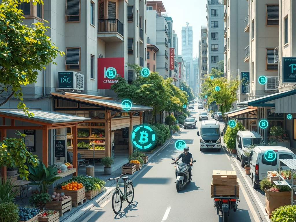 Futuristic urban neighborhood scene showcasing a vibrant hyperlocal supply chain ecosystem with local farmers, electric delivery bikes, micro-fulfillment centers, holographic AI interfaces, blockchain nodes, symbolizing sustainability and ethical sourcing.