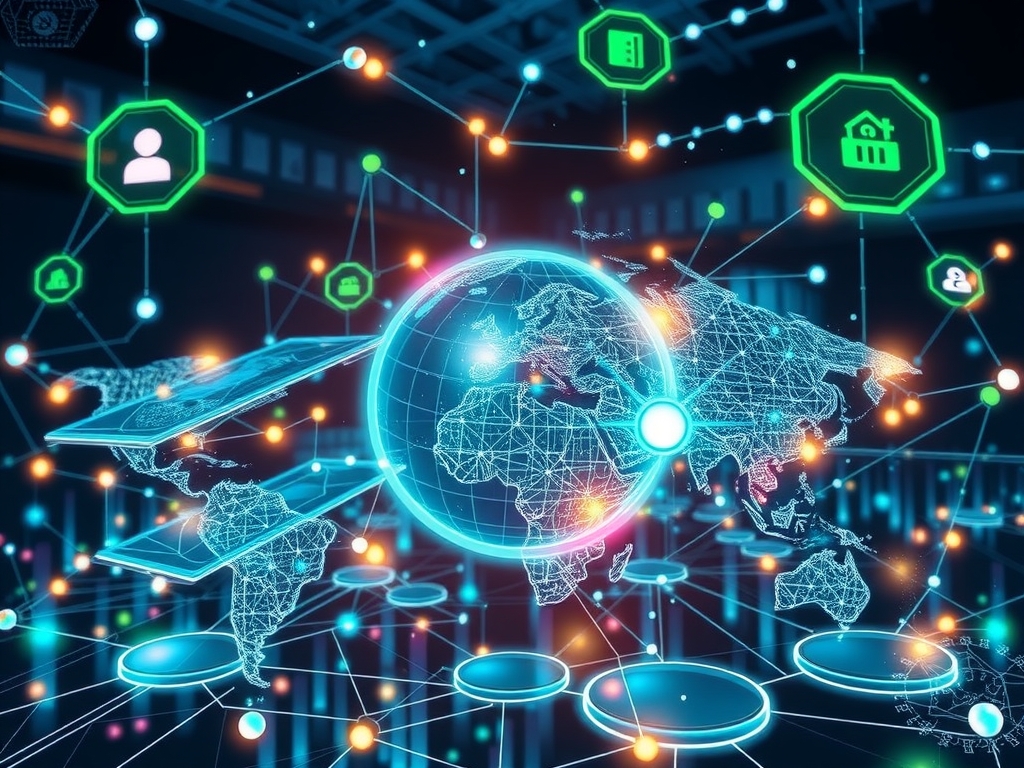 Futuristic interconnected global supply chain network glowing with digital AI interfaces, seamless data flows and holographic supplier collaboration, transparent ethical sourcing icons, green sustainability symbols, diverse professionals engaging in partnership, dynamic adaptive market environment with elements of blockchain, machine learning, and real-time analytics, vibrant, hopeful, clean technology style, high detail, modern corporate tech ambiance