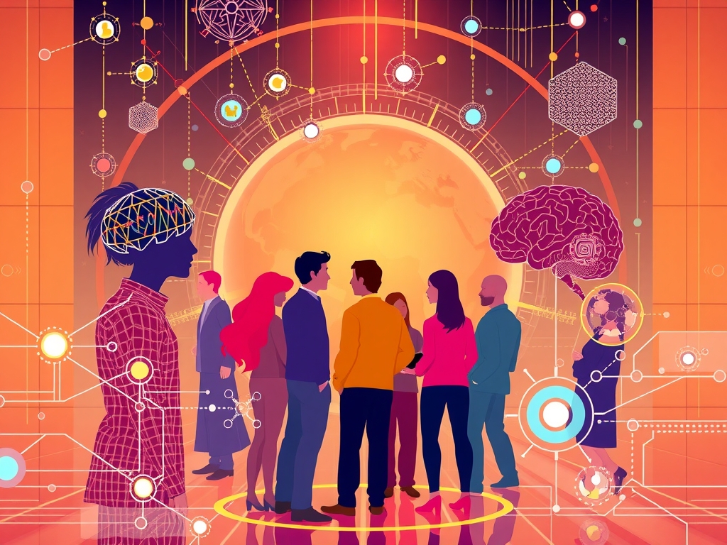 A futuristic corporate supply chain environment symbolizing empowerment and inclusion, featuring diverse teams including neurodivergent individuals collaborating harmoniously; abstract visual motifs representing neurodiversity intertwined with technology and supply chain elements.