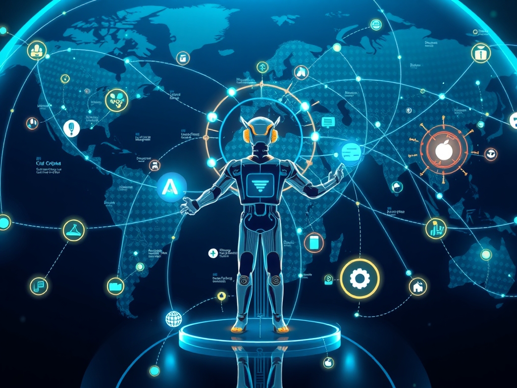 A futuristic, high-tech supply chain concept artwork depicting interconnected global suppliers represented as diverse, transparent digital nodes and holographic data streams linking them smartly and fluidly; a sophisticated conductor figure symbolizing adaptive multispectrum cohesion orchestrating harmony across technical, operational, geographical, environmental, and risk dimensions; sleek AI and IoT icons integrated seamlessly with glowing networks and adaptive algorithms visualized as dynamic, multi-layered transparent interfaces; subtle elements highlighting sustainability, flexible contracts, and resilient collaboration within an abstract globe or world map background, all rendered in a clean, modern style with vibrant blues, greens, and metallic accents, emphasizing agility, innovation, and real-time data-driven supply chain resilience—no text.