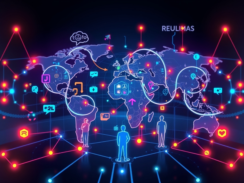Futuristic digital interface depicting a diverse global network of interconnected suppliers communicating seamlessly across multiple languages, with glowing AI and adaptive technology elements symbolizing neurodiversity and inclusion integrated into a sleek, modular platform.