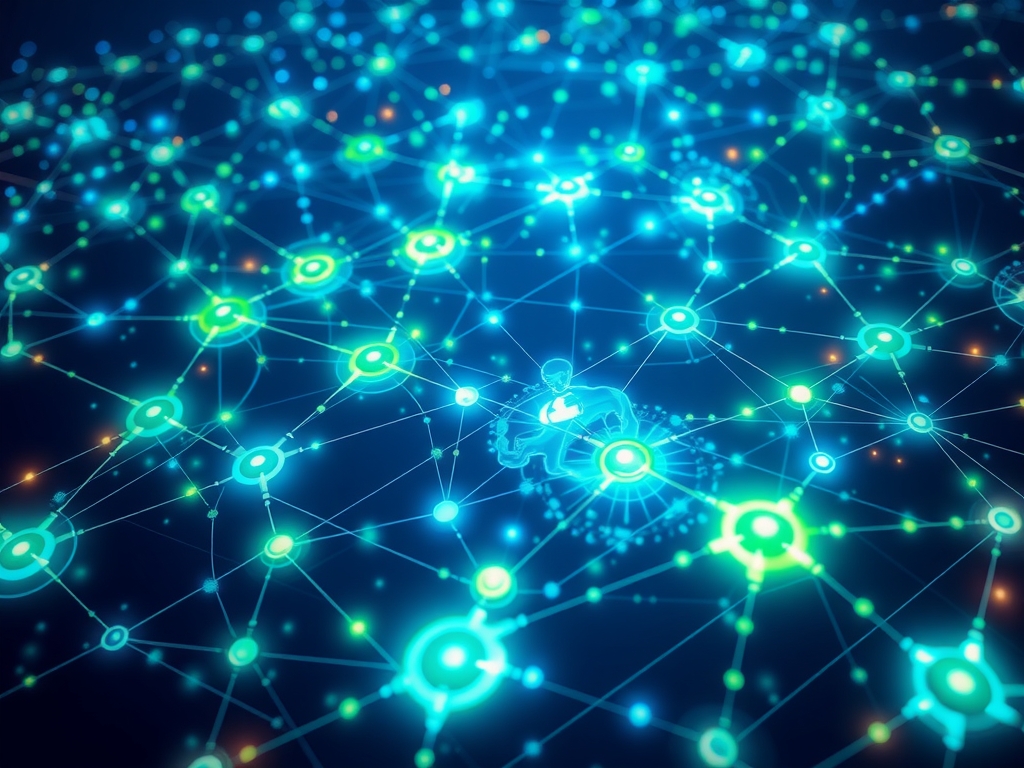 Futuristic interconnected network of diverse, ethical suppliers depicted as glowing, dynamic micro-networks of nodes and links, illuminated by vibrant blue and green data streams; seamlessly flowing AI-driven data analytics overlays and transparent blockchain patterns symbolize trust and sustainability; a subtle human silhouette overseeing the system, embodying human-in-the-loop ethics; background infused with eco-friendly elements like leafy motifs and clean technology icons; ultra-modern, sleek, high-tech style with harmonious blend of natural and cybernetic visuals, emphasizing agility, collaboration, integrity, and hyperadaptivity in global supply chains