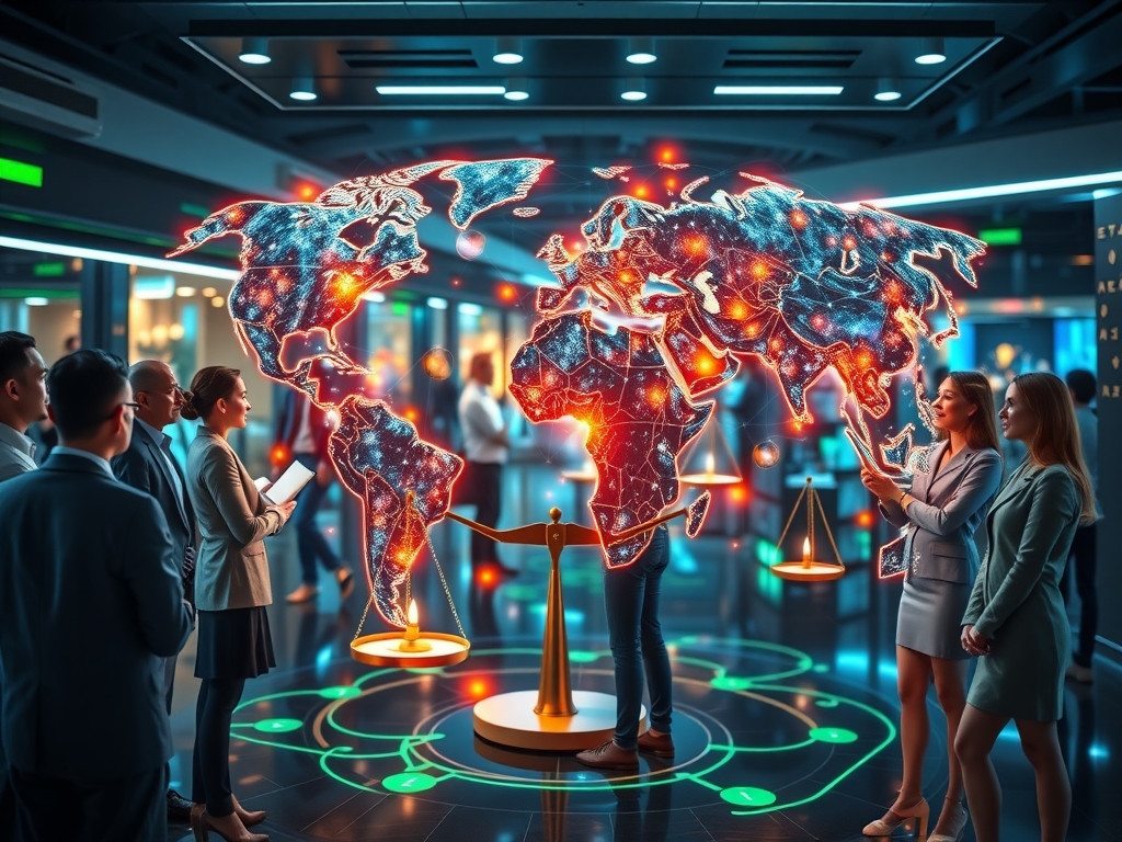 A futuristic interconnected global supply chain network visualized as a dynamic, glowing ecosystem of diverse, collaborative business partners symbolizing innovation, equity, and synergy with holographic technology overlays, balanced scales, and vibrant harmonious colors.