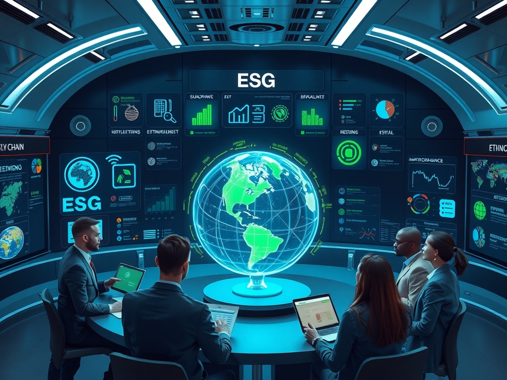 A sleek, futuristic supply chain control center glowing with digital interfaces and holograms displaying ESG metrics, supplier networks, and real-time data analytics; diverse business professionals collaborating around a transparent globe symbolizing global and regional ethical sourcing; vibrant icons representing sustainability, inclusivity, innovation, and ethical partnerships integrated into a dynamic, adaptive ecosystem; background hints of green technology, AI-driven monitoring, and interconnected networks embodying transparency, agility, and resilience in modern responsible supply chains—hyperrealistic, corporate, high-tech, clean design, vibrant colors, professional atmosphere, no text.