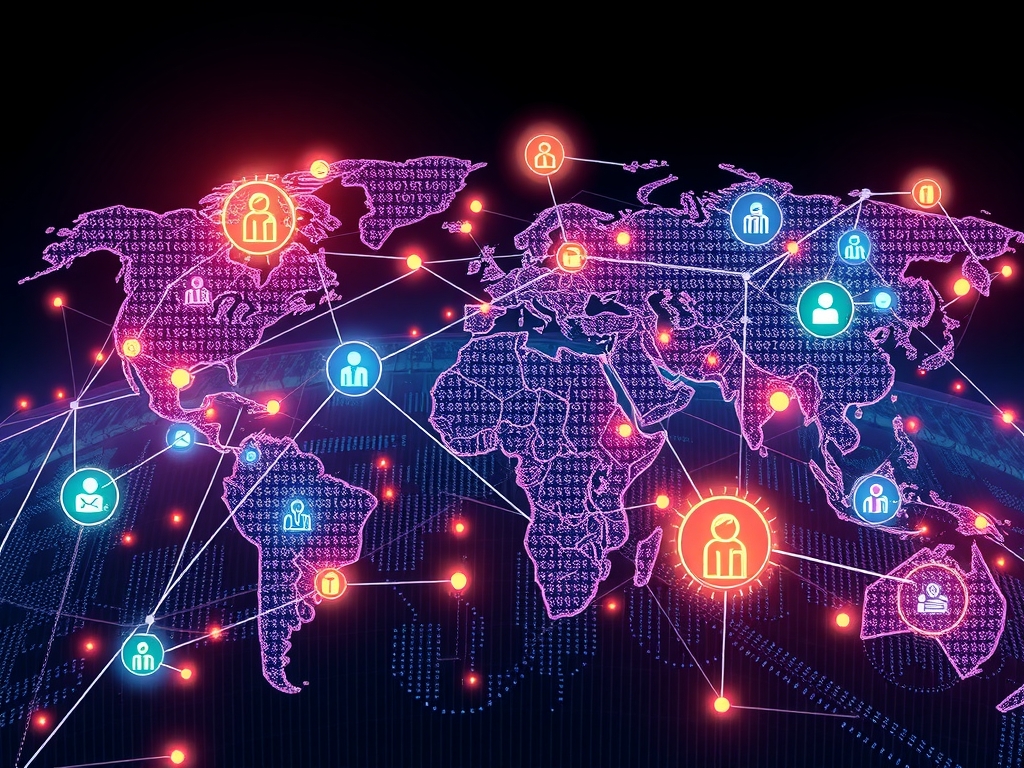 A futuristic, dynamic global supply chain depicted as an interconnected, adaptive network of glowing nodes and diverse human figures symbolizing multicultural collaboration, overlaid on a digital world map with motifs of gears, cloud platforms, AI interfaces, and harmonious cultural symbols conveying resilience, agility, innovation, and sustainability.