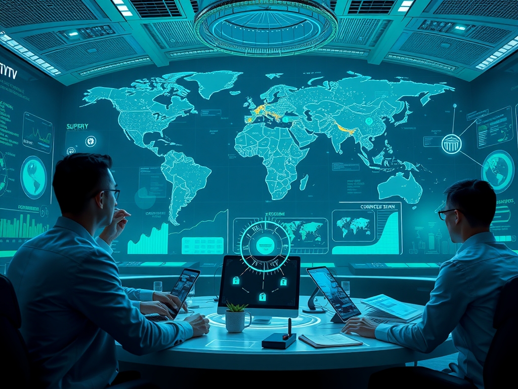 Futuristic supply chain control center with diverse professionals collaboratively analyzing real-time digital holographic data streams and global risk maps, showcasing adaptable, transparent, equitable, and sustainable supplier networks; high-tech interfaces with blockchain, IoT sensors, AI-driven scenario simulations; harmonious balance of economic, environmental, and social icons orbiting around interconnected supply nodes; dynamic and resilient atmosphere blending innovation, trust, and global connectivity under a clean, modern digital aesthetic, soft blue and green tones, ultra-detailed, cinematic lighting, hyperrealistic style, no text.