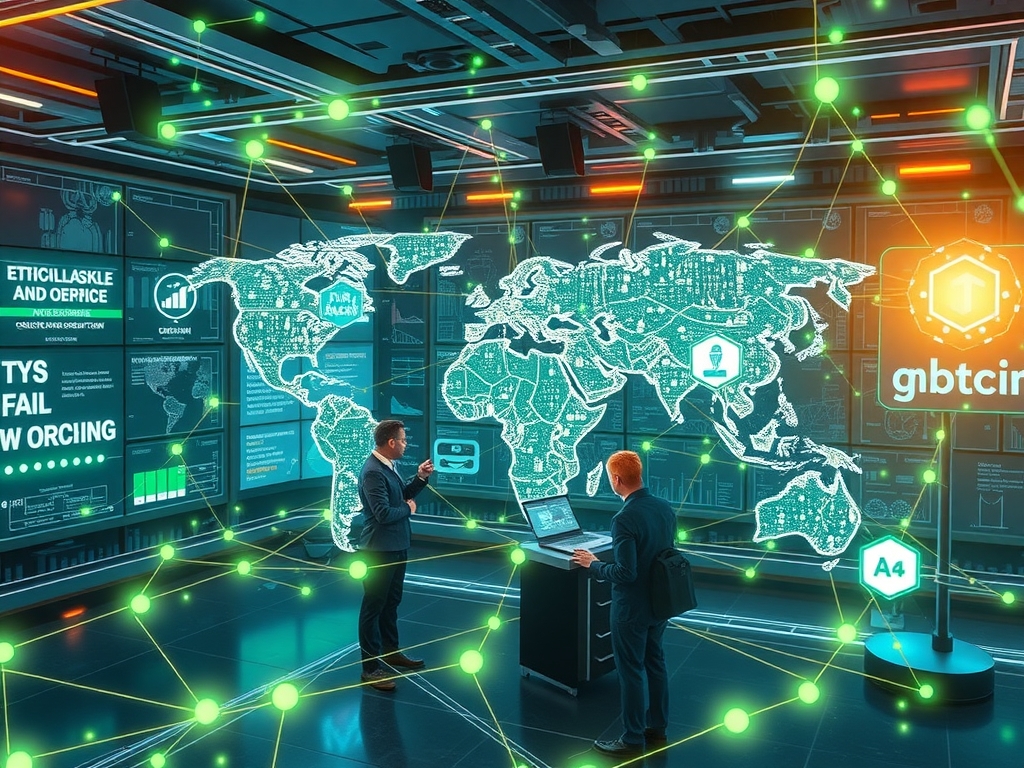 Futuristic, interconnected global supply chain network as a dynamic, adaptive ecosystem of diverse ethical suppliers and manufacturers with glowing transparent data flows and blockchain nodes symbolizing real-time monitoring and accountability.