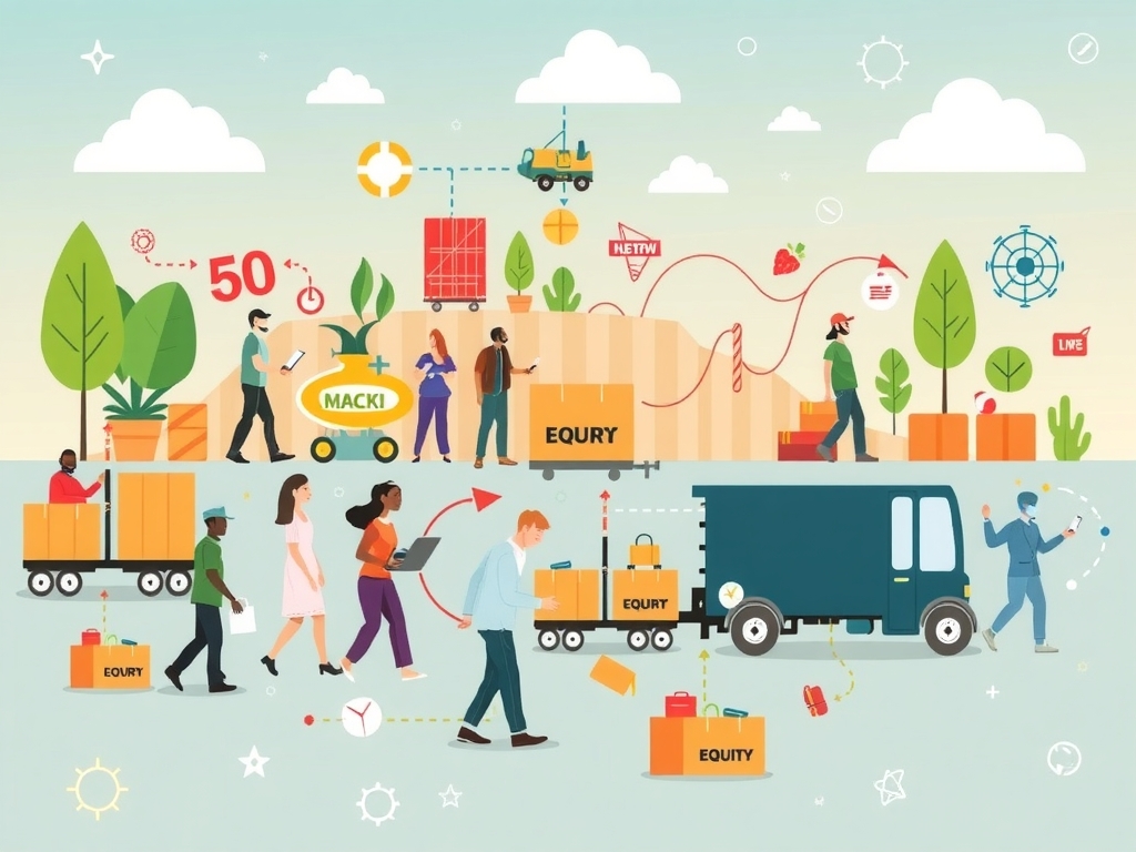 Futuristic, forward-looking illustration showcasing resilient, inclusive supply chains powered by AI, blockchain, and advanced analytics, emphasizing agility, innovation, equity, and sustainability.