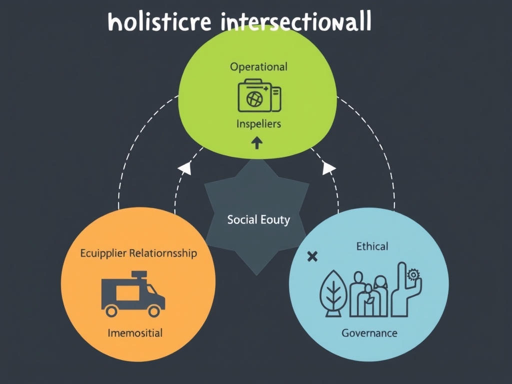 Illustrate the concept of holistic intersectional supplier resilience showing the interconnected elements: operational processes, supplier relationships, environmental impact, social equity, and ethical governance.
