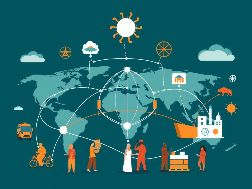 Split scene illustrating challenges of complexity, cost, governance, technology limitations, and supplier capacity alongside a hopeful, tech-empowered, collaborative future of inclusive supply chains.