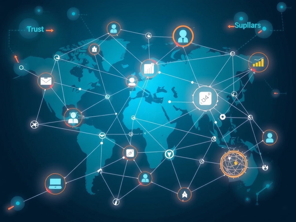 Conceptual infographic with labeled parts representing Decentralized Procurement Architecture, Blockchain Transparency, Real-Time Data Sharing, AI Predictive Analytics, and Decentralized Applications.
