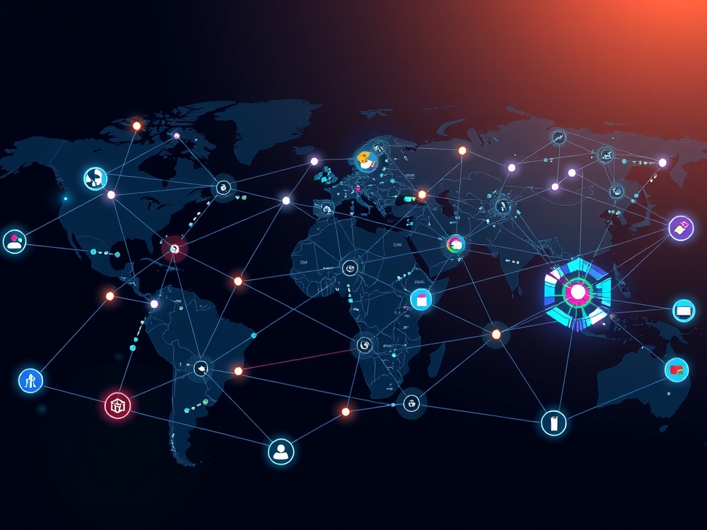 Practical applications showing decentralized supply chain finance, traceability, accountability, and customization with people collaborating across regions and blockchain loan transactions.