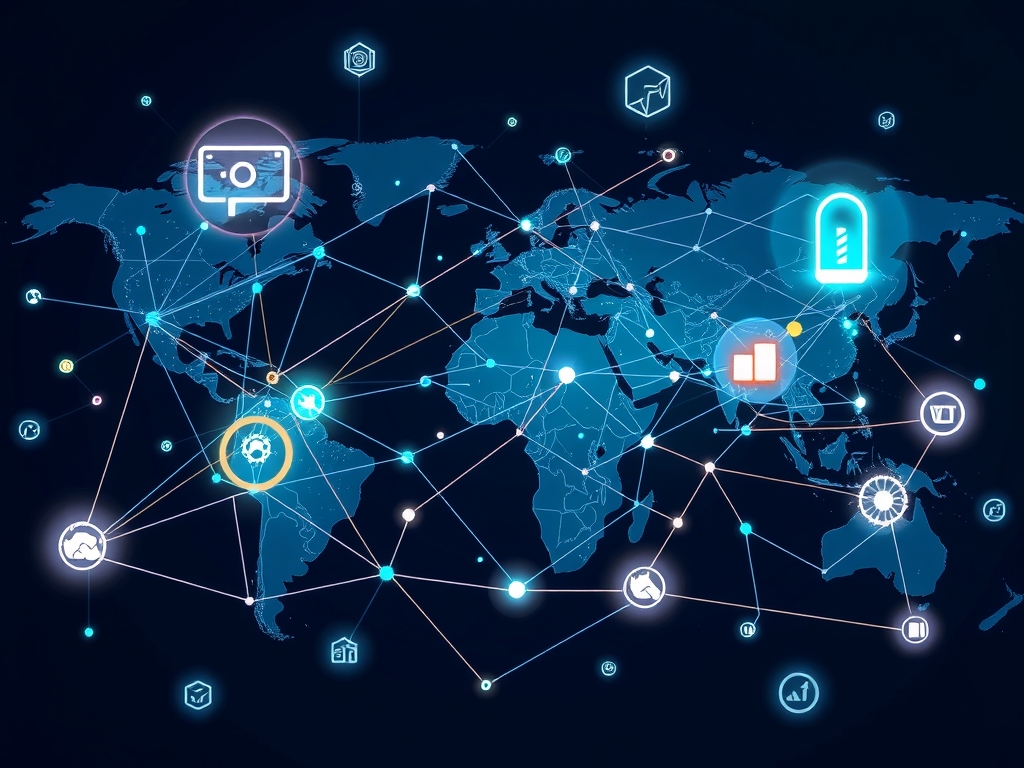Futuristic scene illustrating a synergized, decentralized supply chain ecosystem featuring resilient networks, innovation, sustainability, and connected global suppliers.
