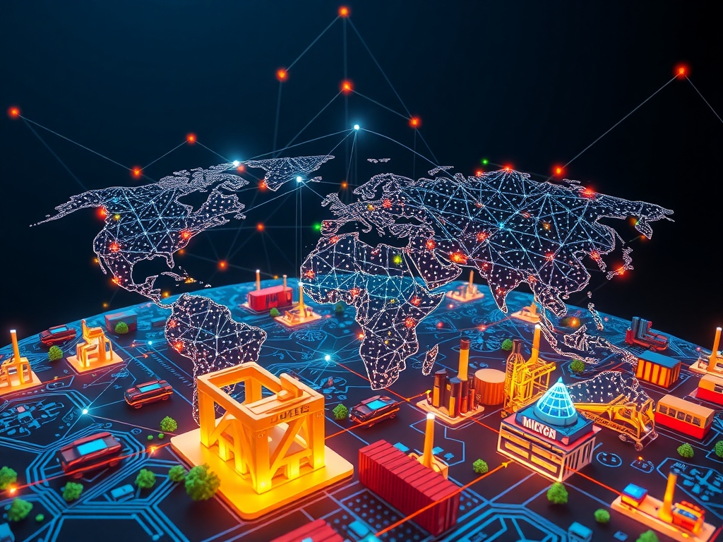 Futuristic interconnected global supply chain network glowing with digital data streams, AI-driven analytics, blockchain nodes symbolizing transparency, diverse empowered suppliers collaborating harmoniously, circular economy elements like green leaves and recycling arrows, smart packaging and IoT devices emitting real-time data, digital twin holograms overlaying factory and transportation hubs, sustainable and resilient ecosystem infused with vibrant technology and nature integration, sleek modern style, bright clean colors, high detail, dynamic composition
