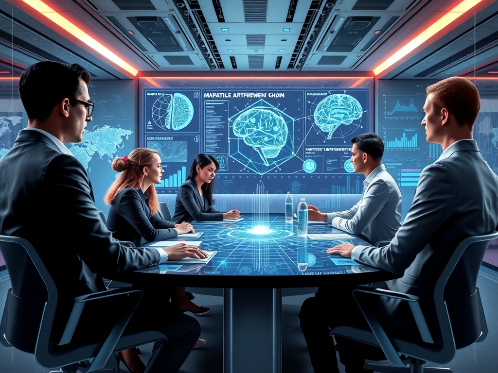Futuristic corporate supply chain ecosystem infused with neurodiversity and ethical inclusion themes showing diverse professionals collaborating with transparent data dashboards and AI interfaces in a high-tech boardroom environment.