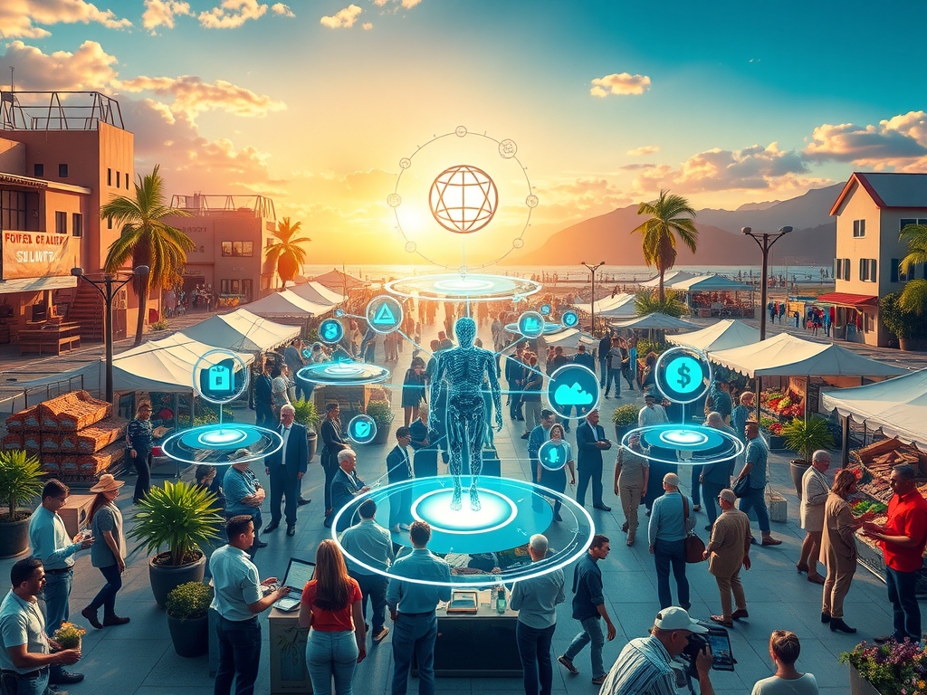 A vibrant, futuristic marketplace scene symbolizing collaborative holistic supplier integration and community-centric market resilience with diverse business people, suppliers, and community members engaged in cooperative activities around digital holographic interfaces displaying supply chain networks, AI, blockchain nodes, and environmental icons, blending urban and natural environments under a bright, optimistic sky.