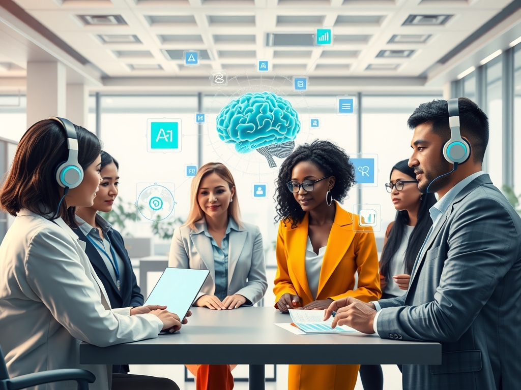 A modern, professional corporate scene depicting diverse businesspeople collaborating in an open, bright office environment with calming sensory-friendly elements, adaptive technology interfaces displaying supply chain data and AI analytics, and transparent digital dashboards showing diverse supplier networks, symbolizing innovation, transparency, collaboration, and empowerment within a global, ethical supply chain context.