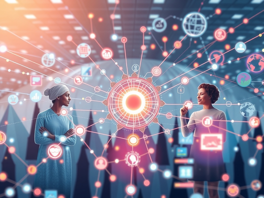 A futuristic, dynamic supply chain ecosystem visualized as an interconnected network of diverse, collaborative suppliers symbolized by multifaceted human figures and abstract nodes, seamlessly blending themes of mindfulness, inclusivity, and adaptivity against a bright corporate backdrop with globe and circuitry motifs.