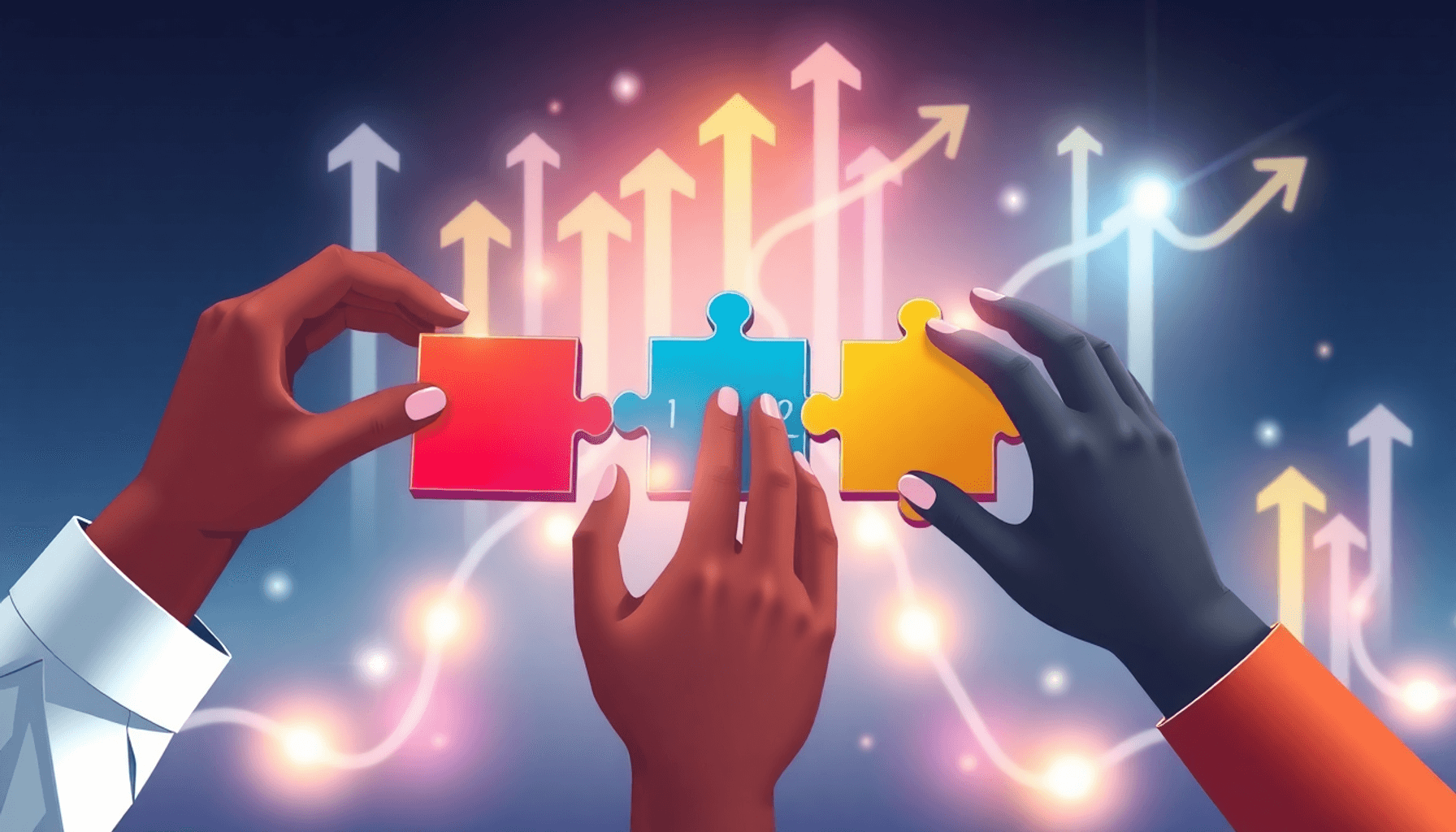 Abstract illustration of diverse hands linking colorful puzzle pieces labeled Tier 1 and Tier 2 suppliers, with arrows and glowing paths symbolizin...