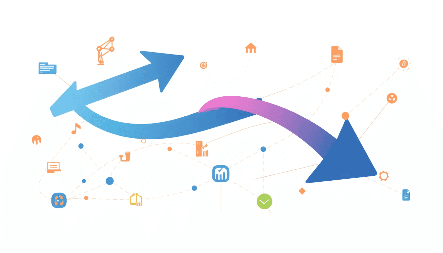Abstract illustration of interconnected arrows and open pathways weaving through a network of supplier nodes on a modern, gradient background symbo...