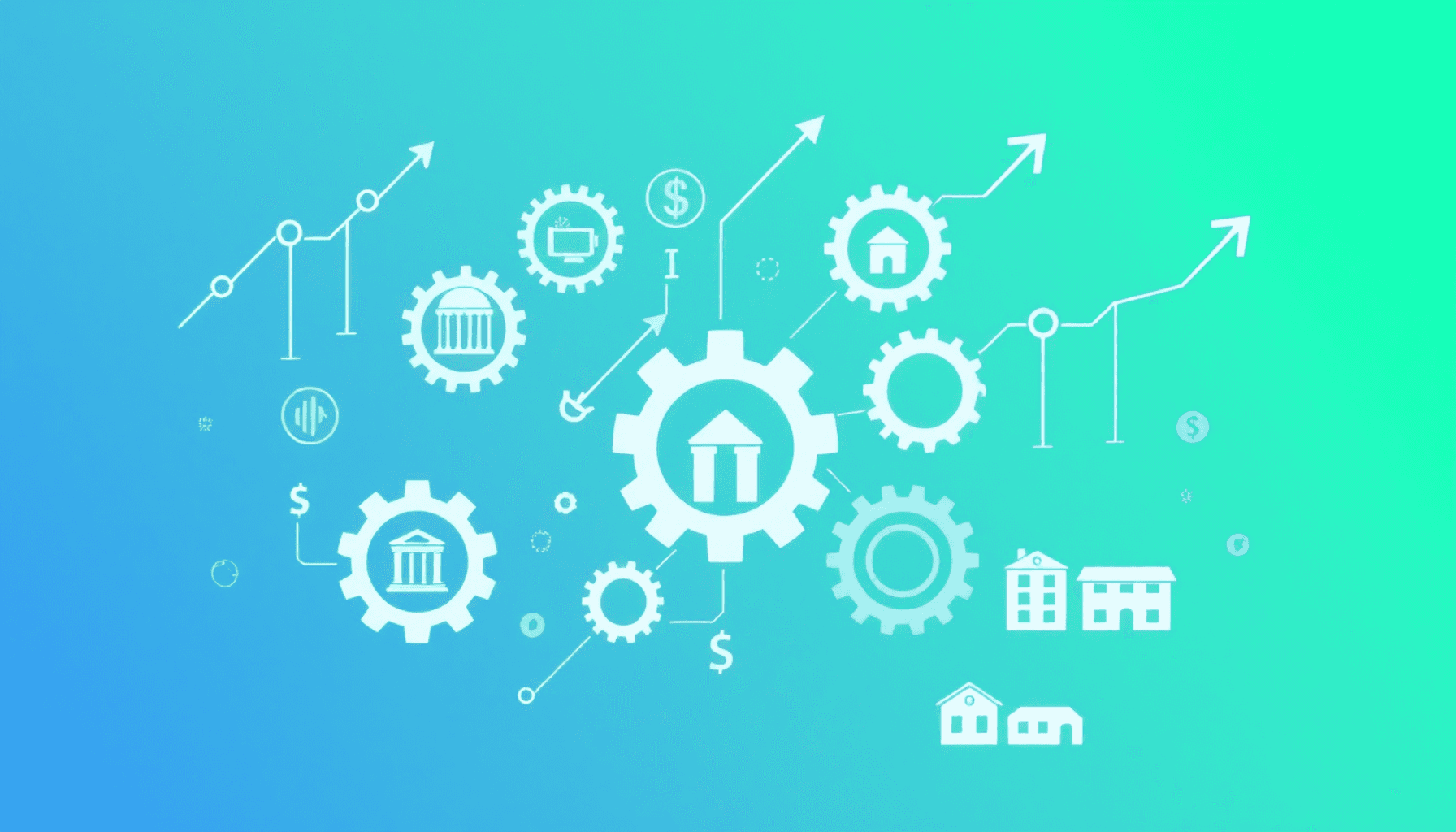 Abstract illustration of interconnected gears and icons of government, education, and communities with upward arrows symbolizing growth and efficie...