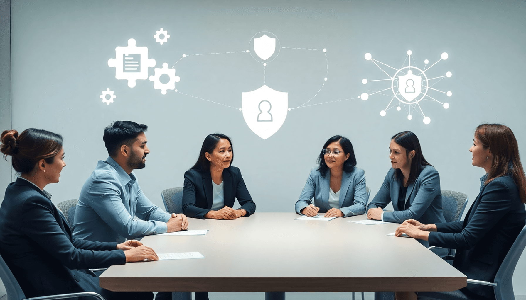 Professionals collaborating around a conference table with floating puzzle pieces, shield icons, and network lines symbolizing teamwork, strategy, ...
