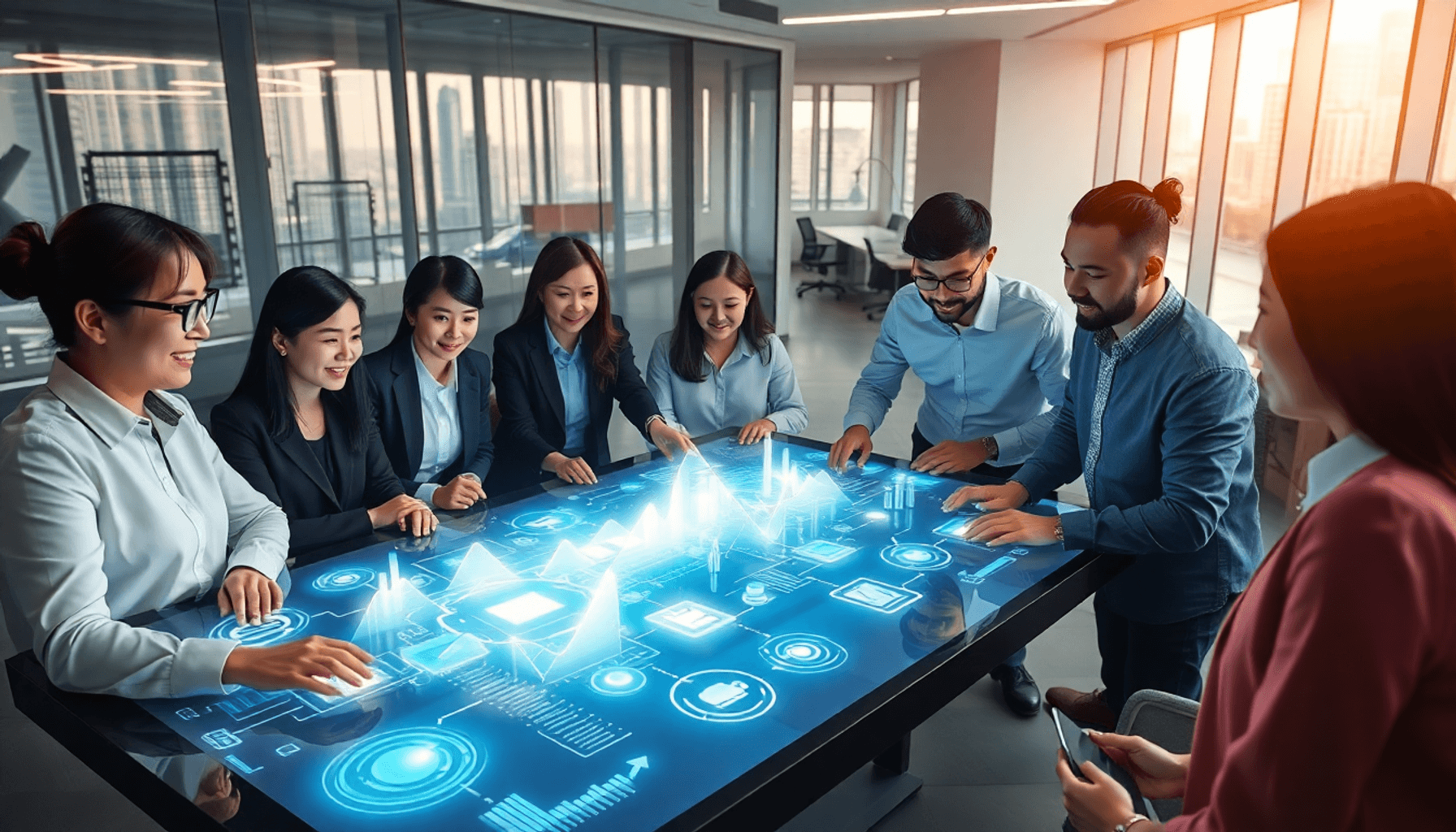 Team collaborating around a digital touchscreen table displaying glowing data streams and icons in a bright, futuristic office setting.