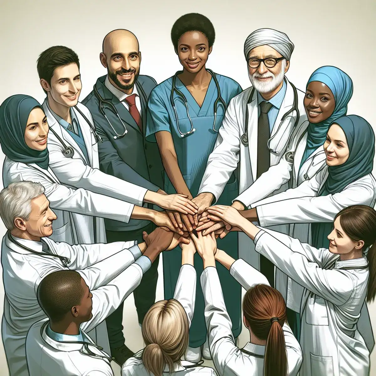 A diverse group of healthcare professionals from various ethnic backgrounds and genders, wearing lab coats and scrubs, standing together in unity with