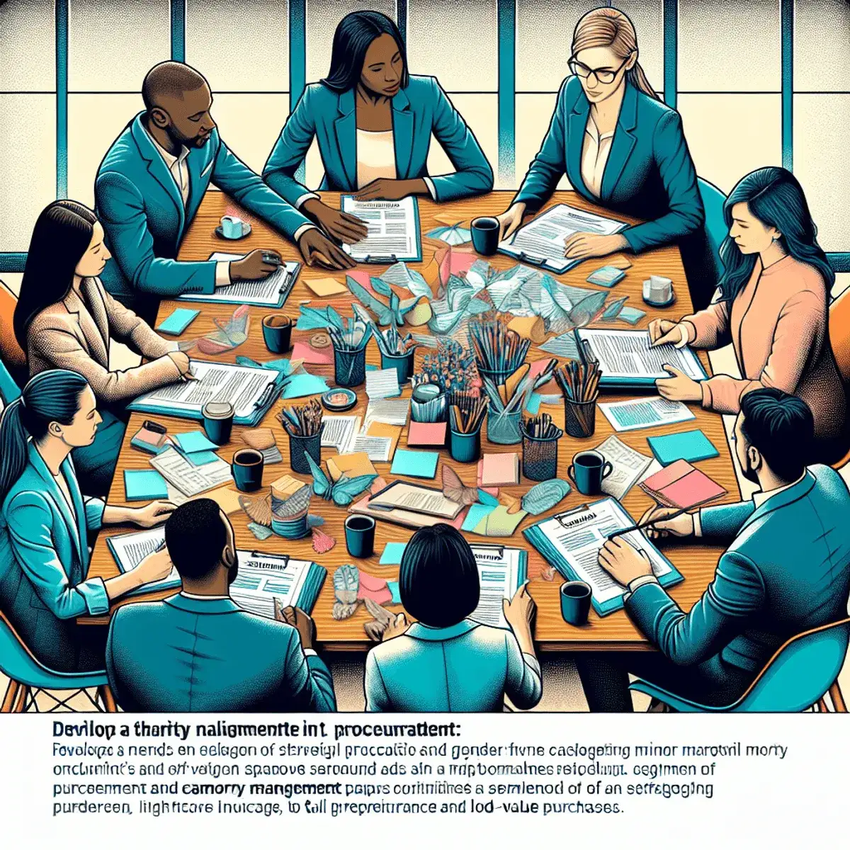 A diverse group of professionals, including a Caucasian woman and an Asian man, sit around a cluttered table filled with office supplies and papers. T