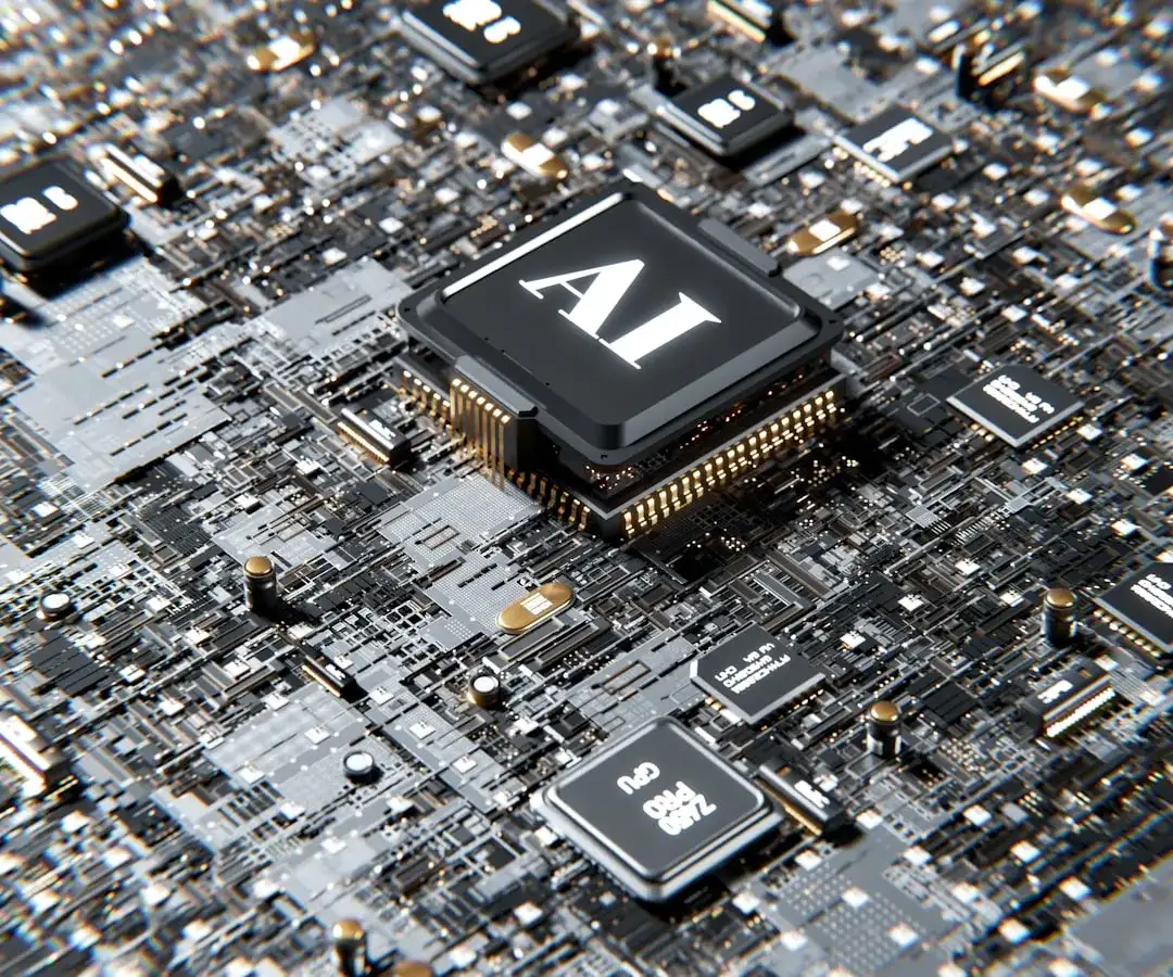 Close-up view of a circuit board with a central AI chip and surrounding components in a detailed and complex layout.