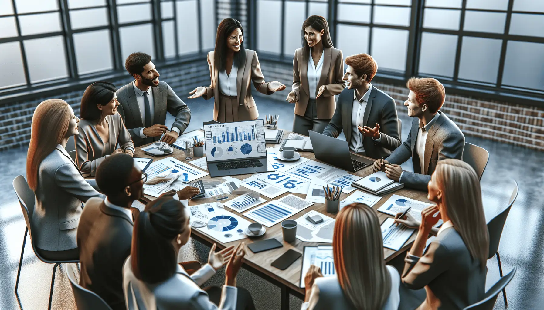 A diverse group of professionals, including a Caucasian woman, a Hispanic man, and an Asian woman, engaged in animated discussion around a table fille