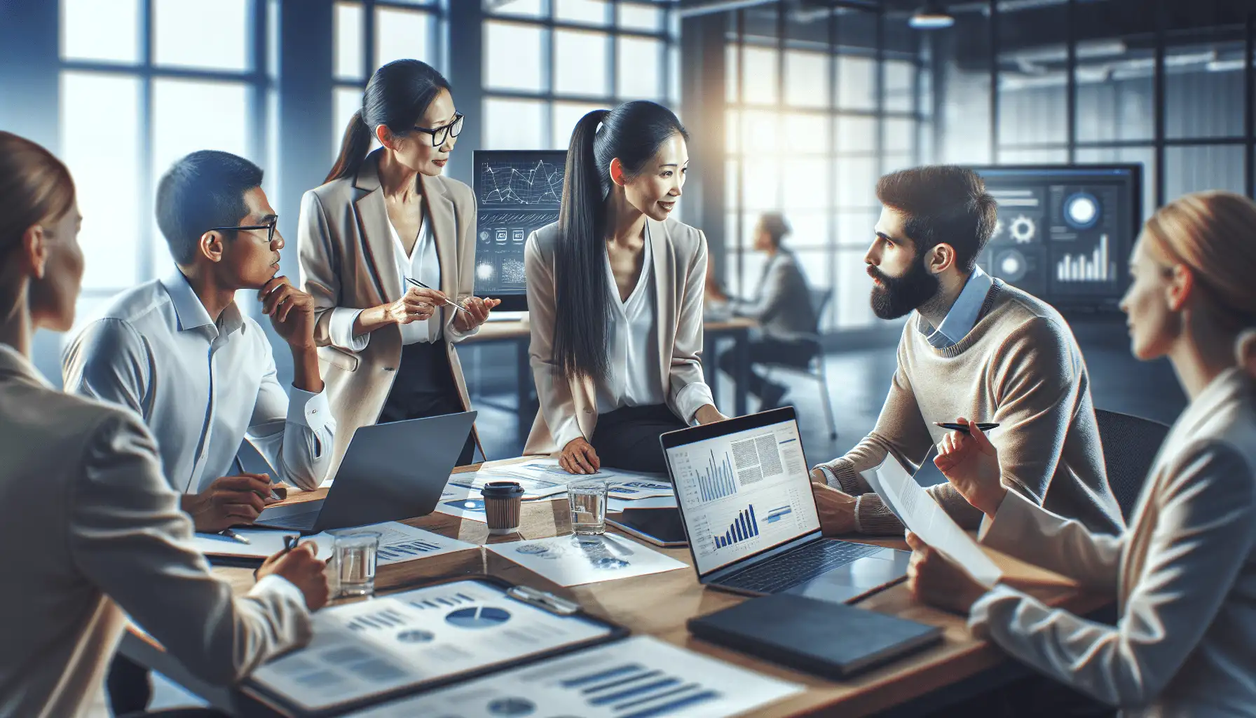 A group of three professionals, including an Asian woman, a Hispanic man, and a Caucasian woman, are gathered around a modern office table filled with