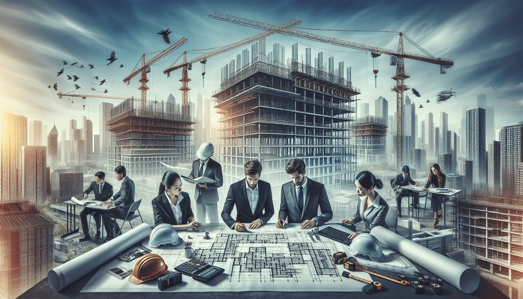 A diverse group of professionals, including a Caucasian man and an Asian woman, are deeply engaged in discussing blueprints and construction plans ...